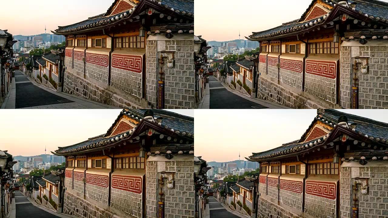 韩国首尔市北村韩屋村日出场景的延时倾斜镜头