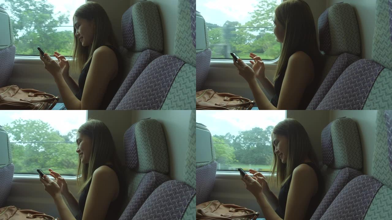 妇女在乘坐高速火车时拍摄外部照片