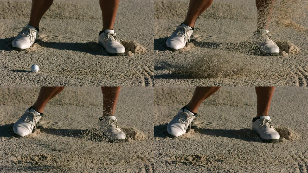 高尔夫球手从沙坑中击球，慢动作