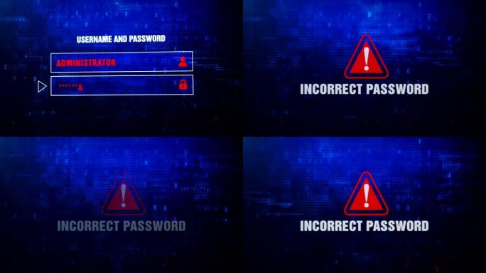 错误的密码警报警告错误消息在屏幕上闪烁。