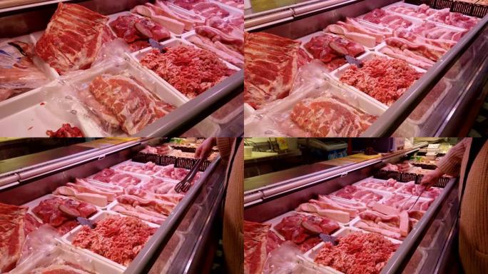 市场上的猪肉挑选