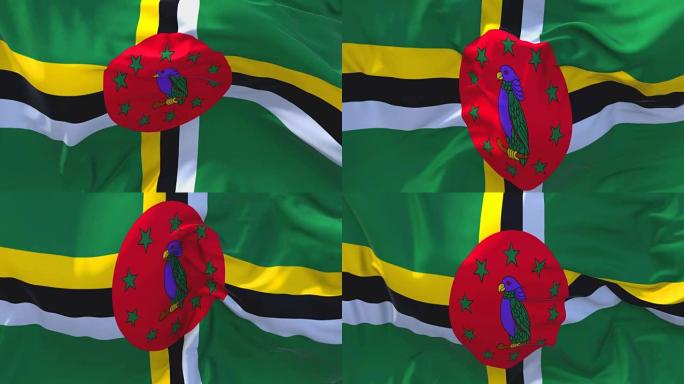 多米尼加国旗迎风飘扬的慢动作动画。4K逼真的织物纹理旗帜平稳吹在一个刮风的日子连续无缝循环背景。