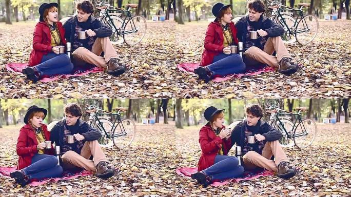 幸福夫妻野餐时在户外喝热茶的生活方式视频