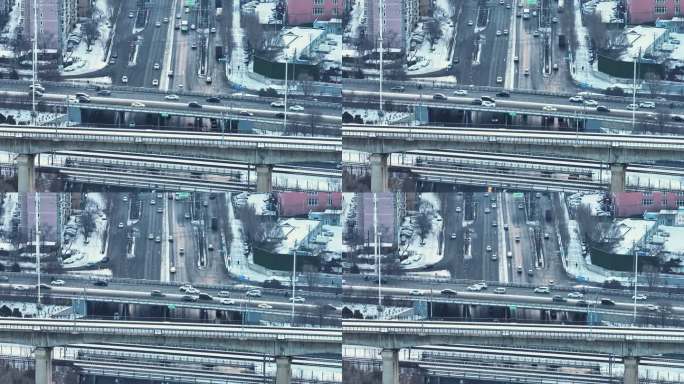 辽宁沈阳冬季雪天城市街道马路航拍