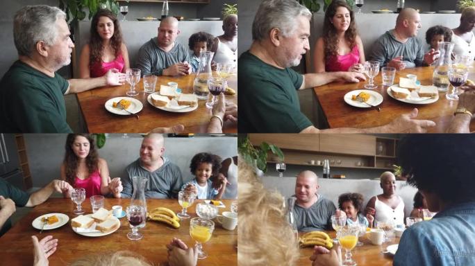 早餐前家庭祈祷外国人特写实拍一家人聚餐