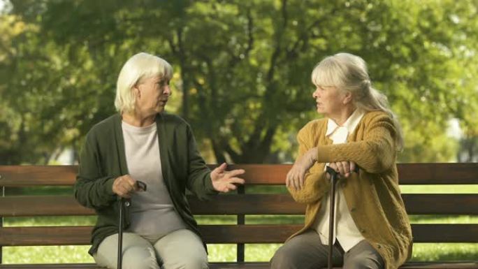 两位高级女士在公园里争吵和坐在长凳上，脾气暴躁的长者，争执