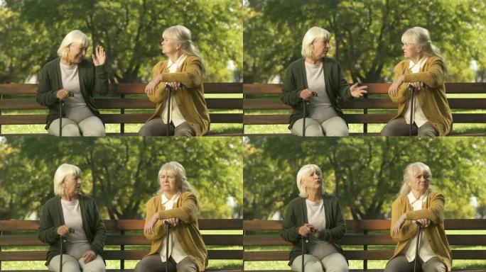 两位高级女士在公园里争吵和坐在长凳上，脾气暴躁的长者，争执