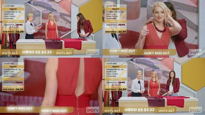 英国信息电视蒙太奇: 电视节目中的造型师谈论模特所穿的衣服，并在与女主持人交谈时在脖子上戴了一条项链