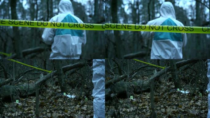 受害者的衣服在犯罪现场，法医在森林里收集证据