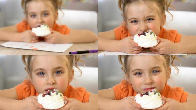 快乐女孩吃美味奶油蛋糕，不健康营养，肥胖风险，特写