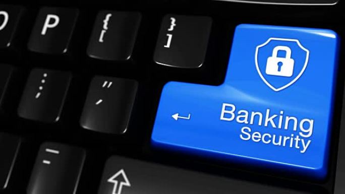 银行安全在现代计算机键盘上的蓝色输入按钮上移动运动，带有标记的文本和图标。选定的聚焦键是按动画。3D