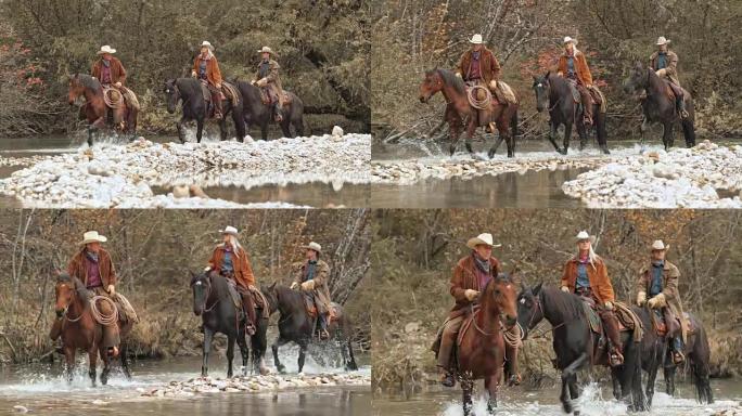 DS两名牛仔和女牛仔骑马过河