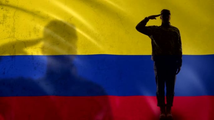哥伦比亚士兵侧影向国旗敬礼，国防机构