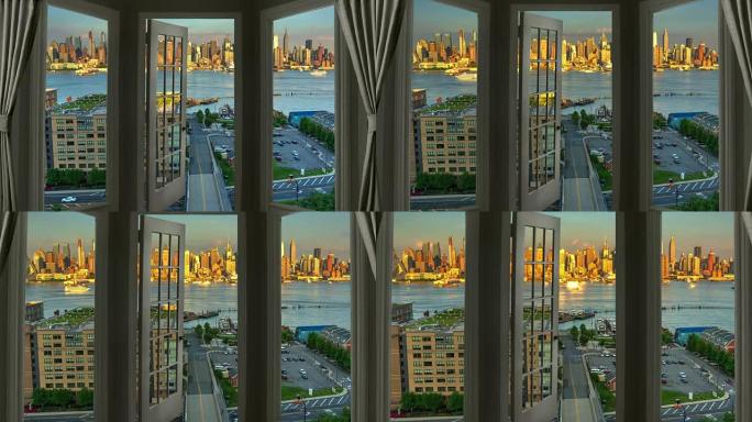 纽约曼哈顿时光流逝城市景观摩天大楼日落