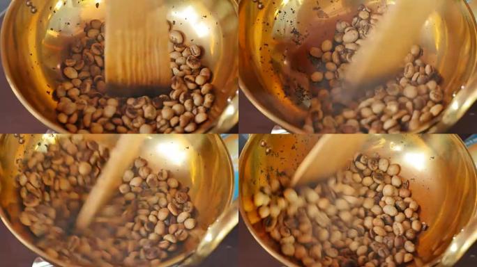 泰国黄铜锅烘焙咖啡豆。