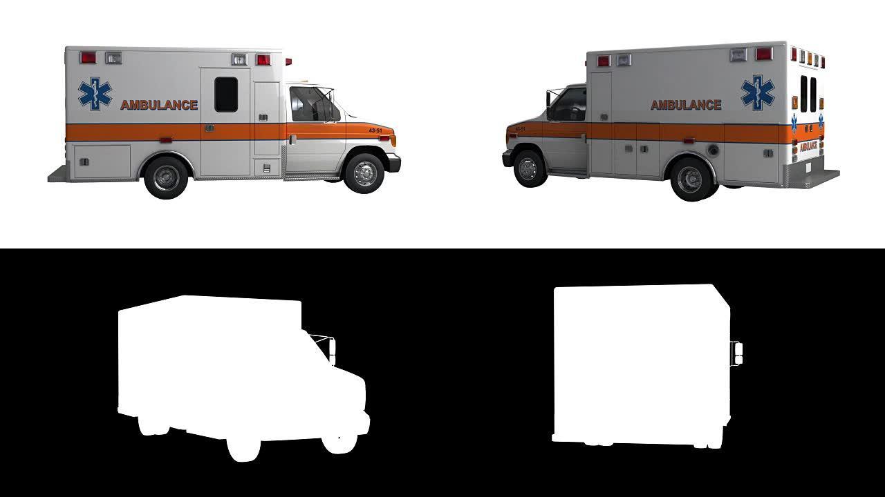 美国救护车汽车旋转与luma哑光隔离