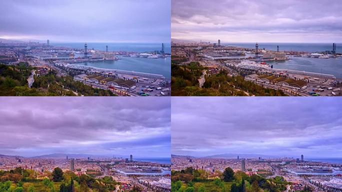 巴塞罗那日出阴天延时摄影欧洲城市沿海