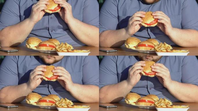 肥胖饥饿的人吃脂肪汉堡，不健康的食物成瘾，超重
