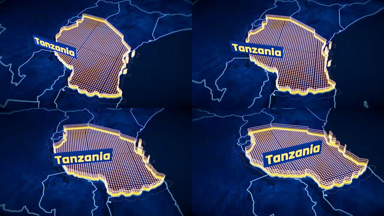 坦桑尼亚国家边界3D可视化，现代地图轮廓，旅行