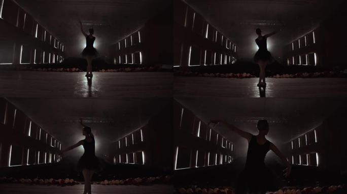 年轻芭蕾舞演员站在镜头前的剪影。优雅的年轻芭蕾舞演员站在第二姿势的镜头前，姿势轻盈。