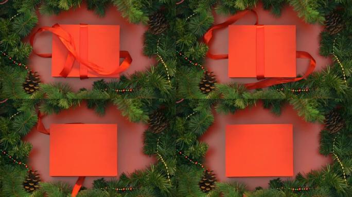 红丝带解开和礼品盒，带木制圣诞玩具开口、装饰