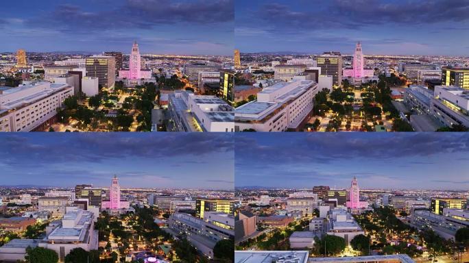日落时大公园和洛杉矶市政厅-空中射击