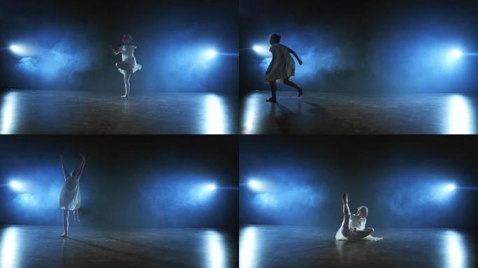 穿着白色短裙的现代女孩舞者表演塑料美丽的戏剧性舞蹈，在舞台上奔跑，摔倒在地板上旋转。灯笼和烟雾