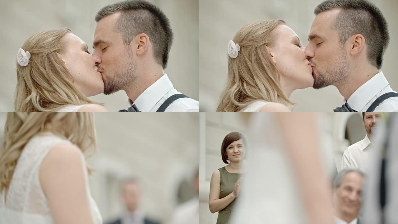SLO MO新娘和新郎交换戒指后接吻