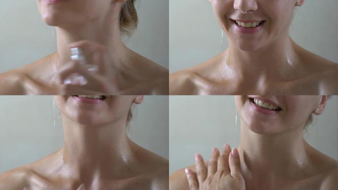 微笑的女人在浴室的脖子上喷香水，女士的特殊气味