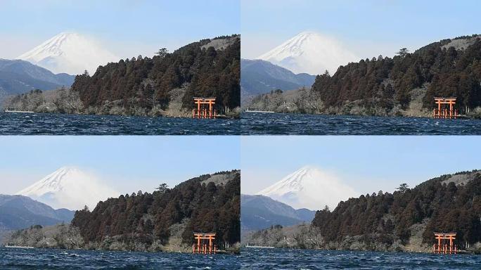 从箱根看富士山生态湖泊大海景色