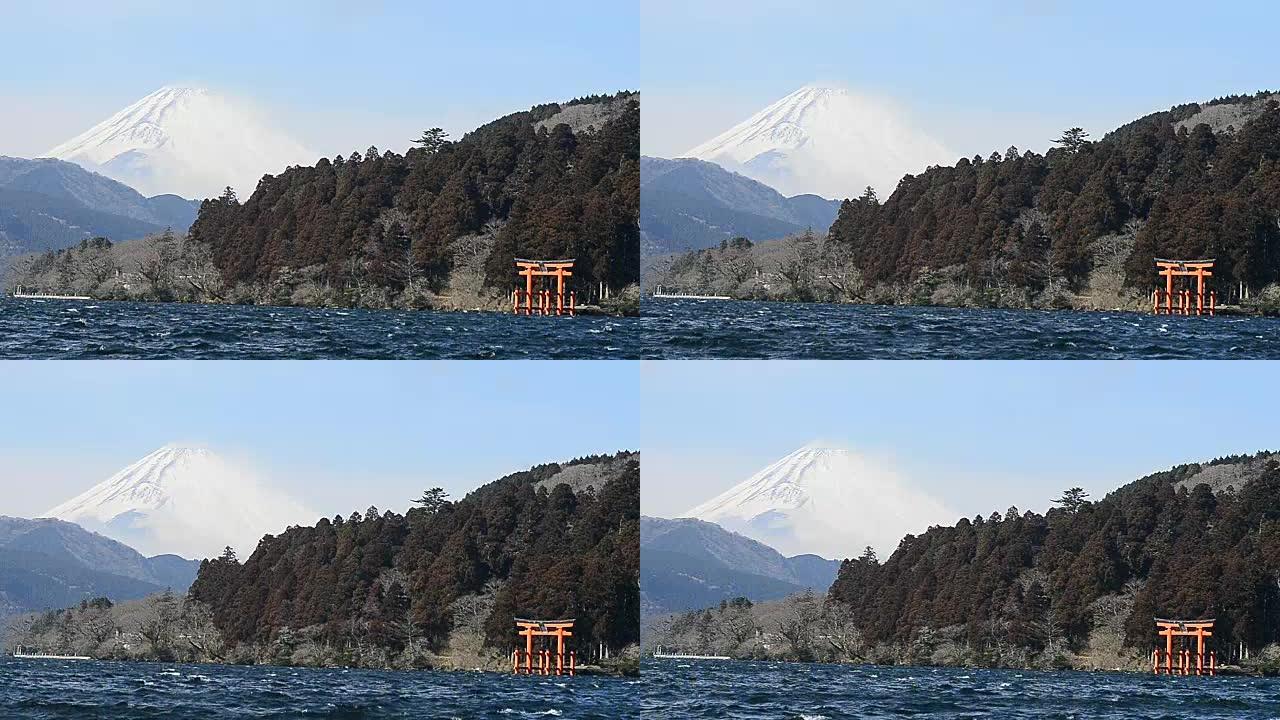 从箱根看富士山生态湖泊大海景色