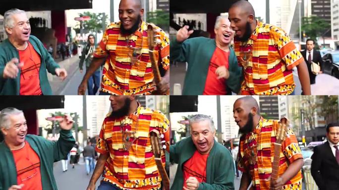与非洲裔说唱歌手一起跳舞和娱乐的游客