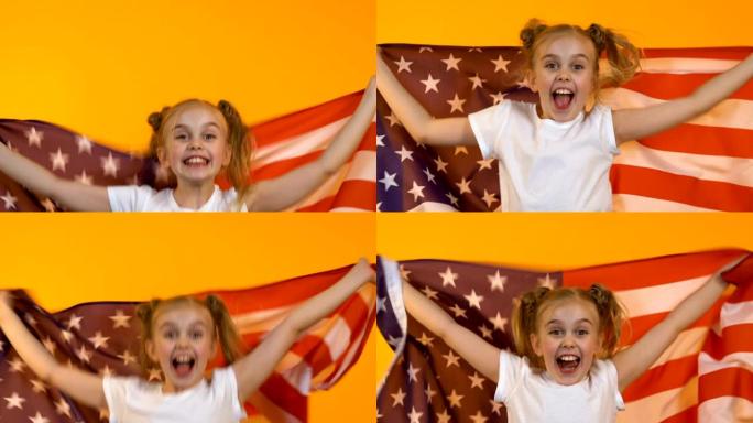 快乐的球迷孩子挥舞着美国国旗，为国家运动队加油，支持