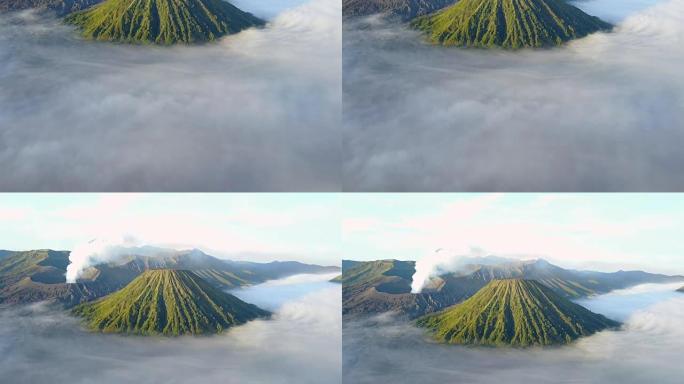 4K: 东爪哇布罗莫火山的鸟瞰图，印度尼西亚布罗莫火山的无人机摄像机的鸟瞰图