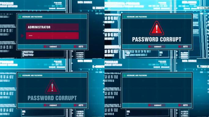 输入登录和密码后，电脑屏幕上数字系统安全警报错误信息产生的警告通知。网络犯罪，电脑黑客概念