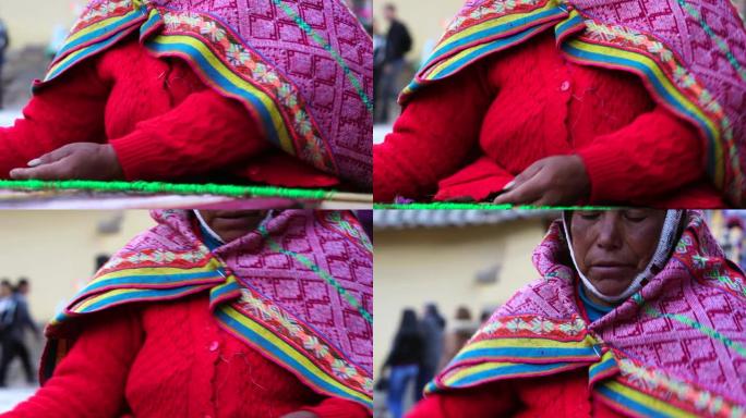 秘鲁妇女在Ollantaytambo编织彩色羊驼羊毛