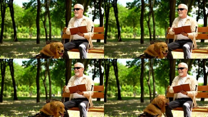 盲人读书，与狗一起休息，社交安全的生活