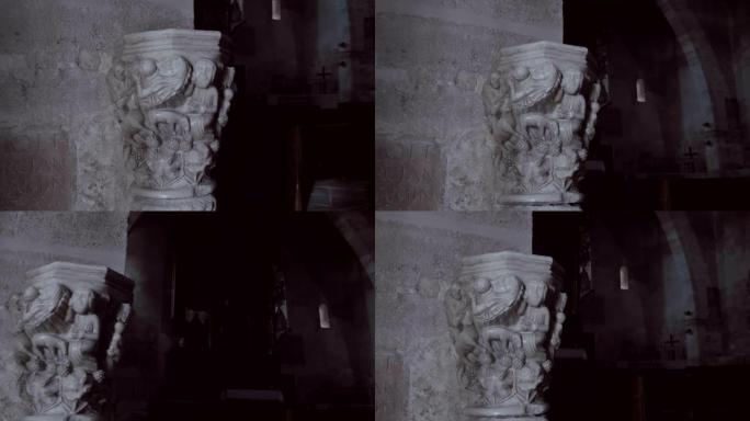 在黑暗的教堂房间中带有古代人物形象的古代花瓶