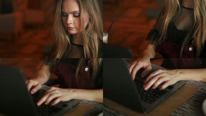 年轻聪明的女学生在演讲前通过笔记本电脑在线学习的短截图，聪明的女人坐在前面打开的电子书，带有文本信息