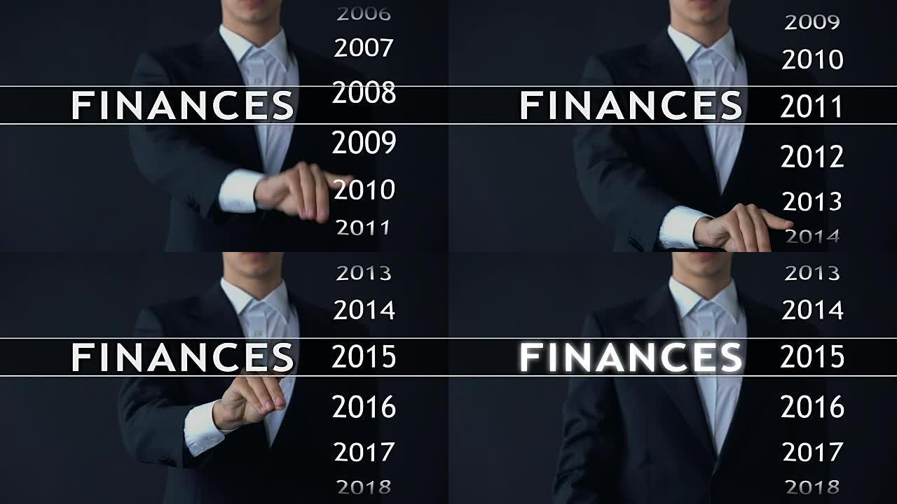 商人在虚拟屏幕上选择2015财务报告，货币统计