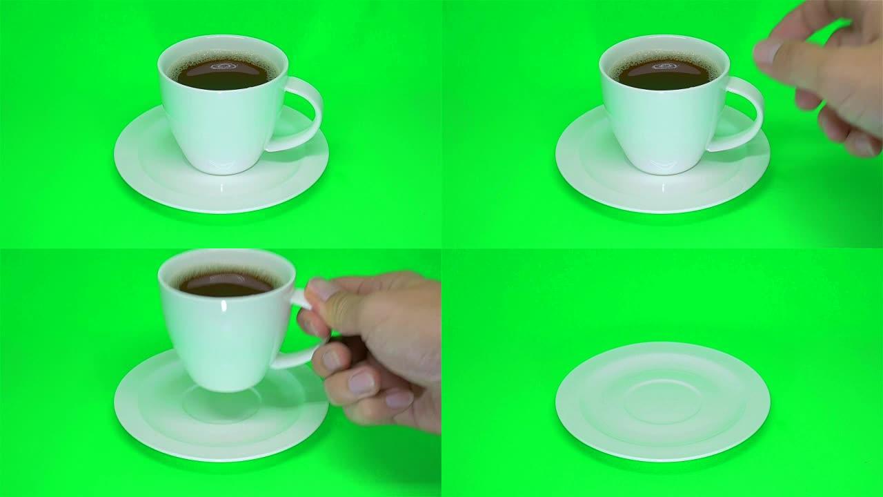白杯咖啡在绿色背景上移动。