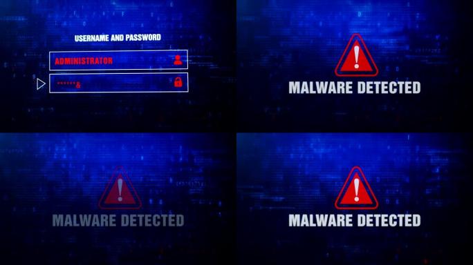 恶意软件检测到警报警告错误消息在屏幕上闪烁。