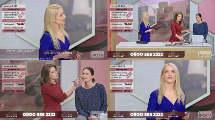 德语中的信息电视蒙太奇: 女性化妆师与女性主持人交谈，同时展示化妆刷并演示女性模特的用法