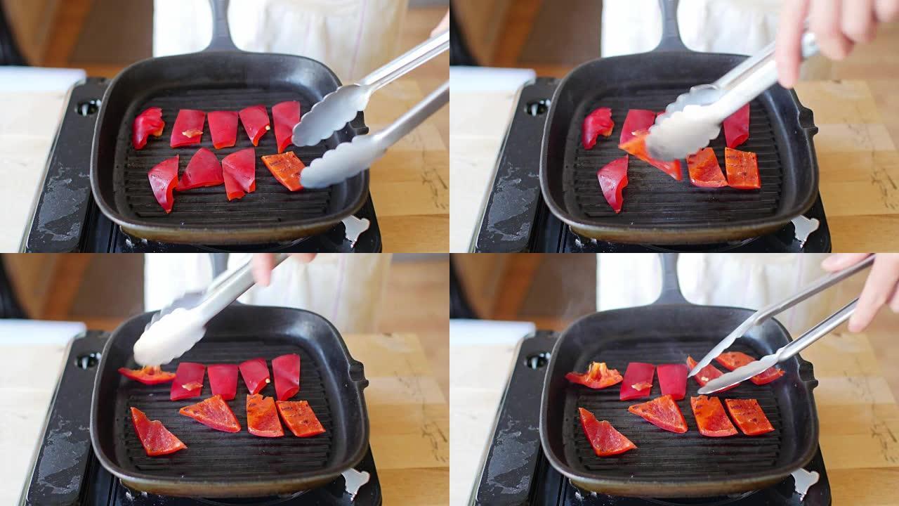 使用平底锅烧烤红辣椒