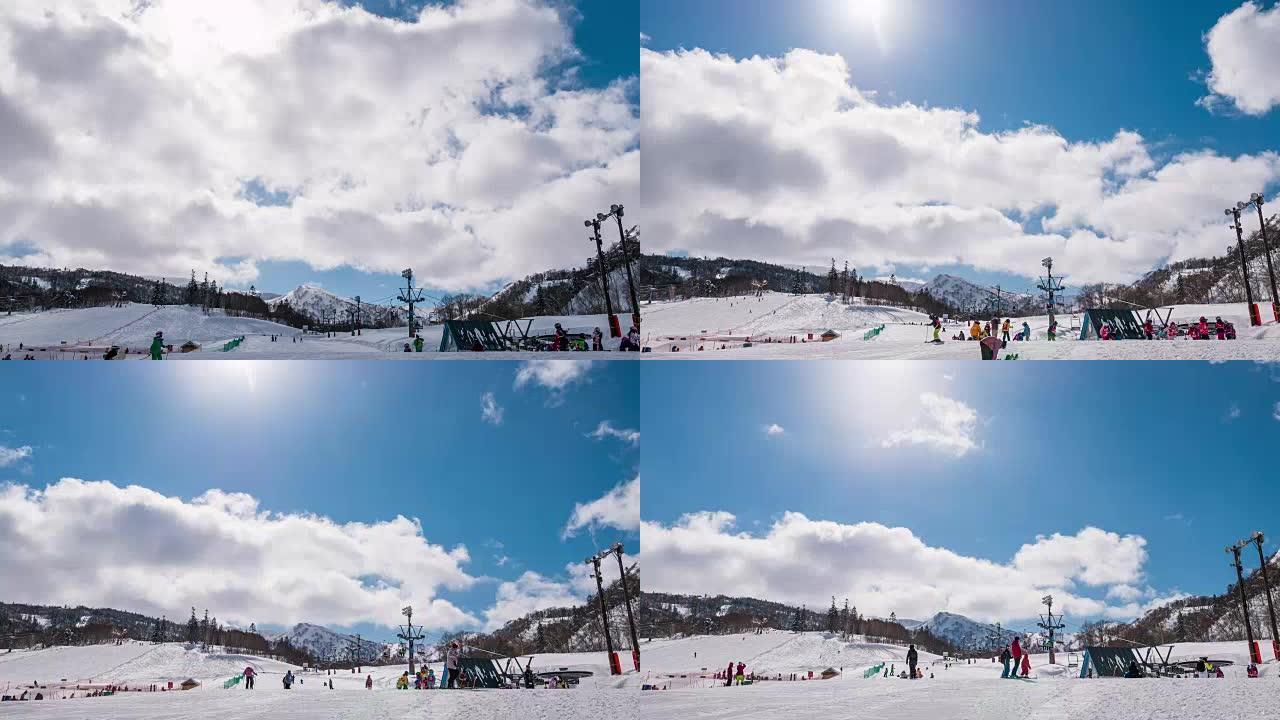 冬季滑雪胜地人流人来人往蓝天白云