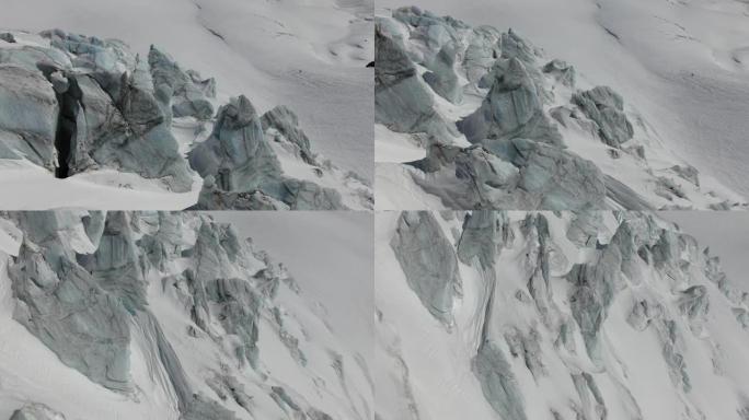 空中无人机拍摄了埃尔布鲁斯山附近的白雪皑皑的冰川