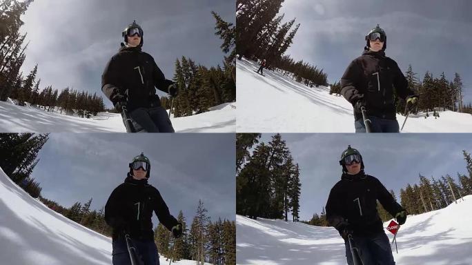 滑雪者拍摄自拍照视频的SLO MO