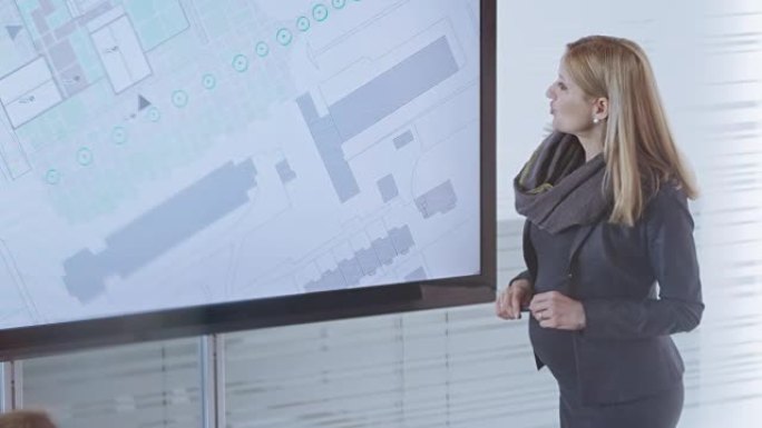 怀孕的高加索建筑师向会议室的同事解释大屏幕上显示的计划细节