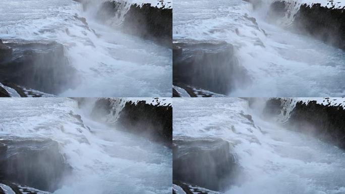 平移镜头: 冬季的Gulfoss金色瀑布冰岛