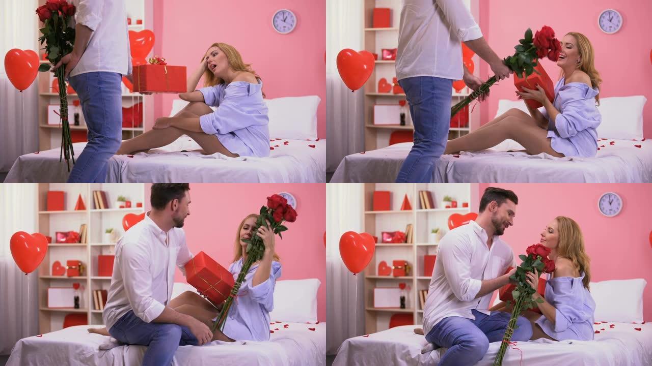 男人送礼盒和一束红玫瑰给迷人的女人，做我的情人吧